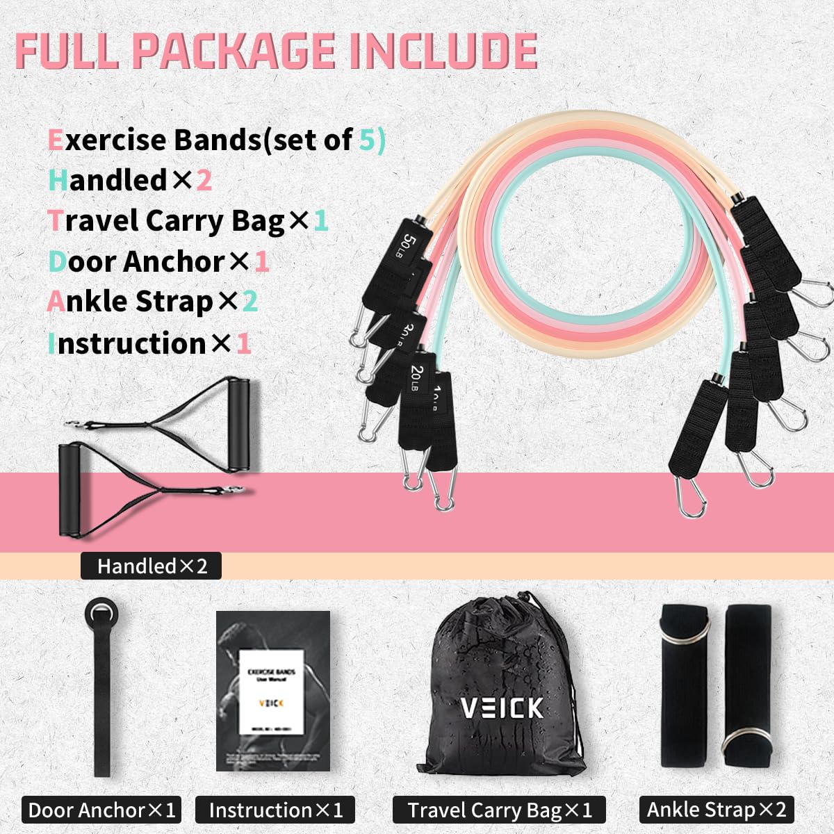 VEICK Adjustable Resistance Bands Set (Up to 150 lb)