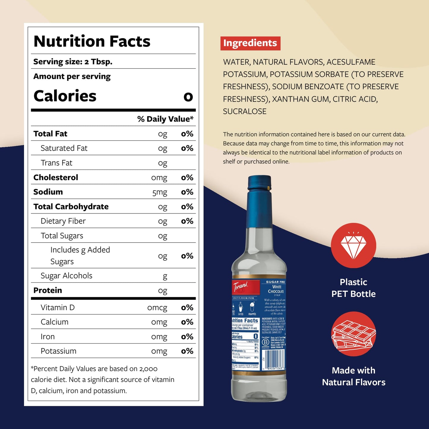 Torani Sugar-Free White Chocolate Syrup - Pump Included, 25.4 Fl Oz