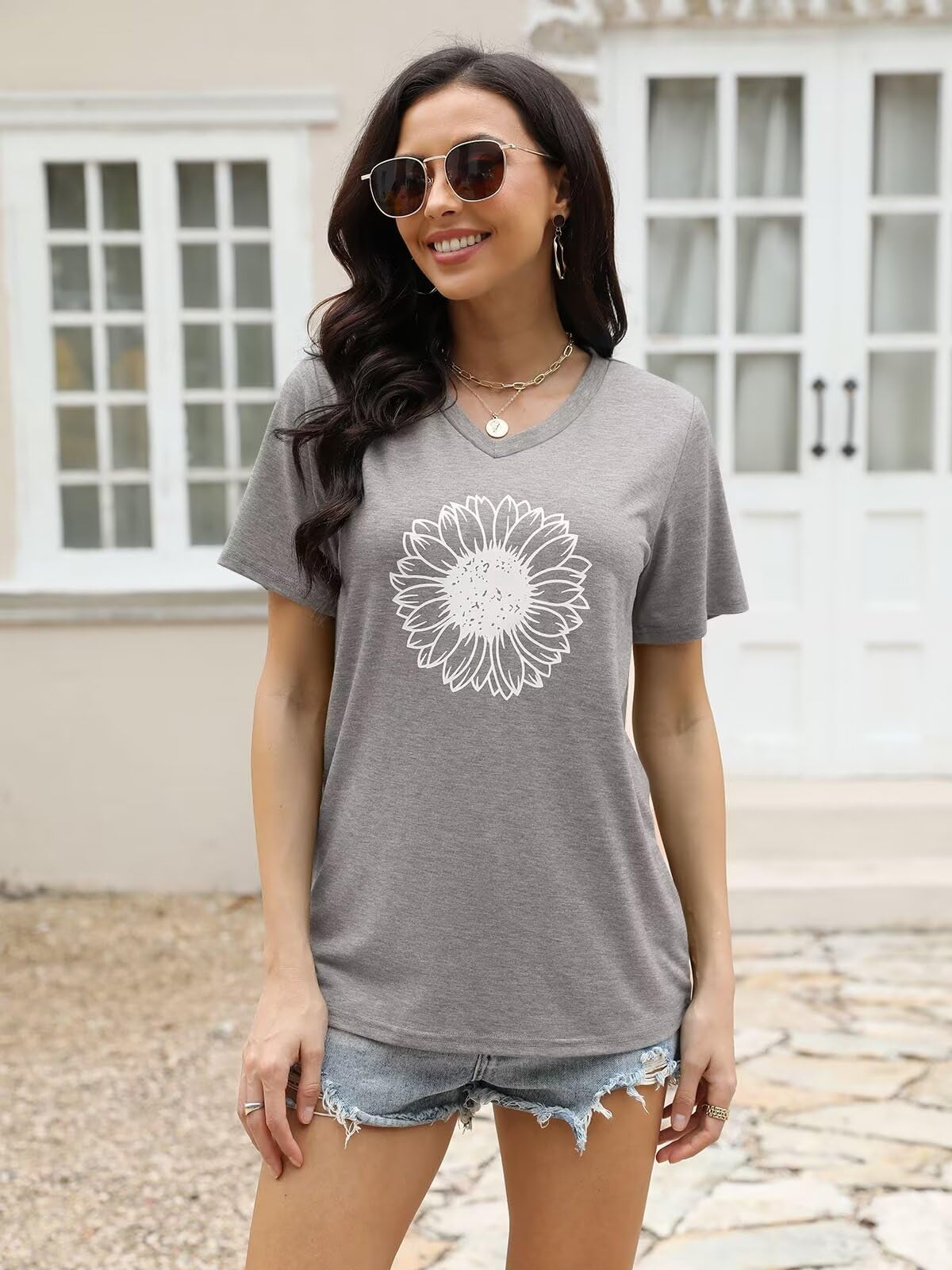 EADINVE Sunflower Print Short Sleeve Tee