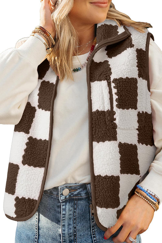 EARKOHA Womens Winter Sleeveless Fleece Top Casual Collar Checkered