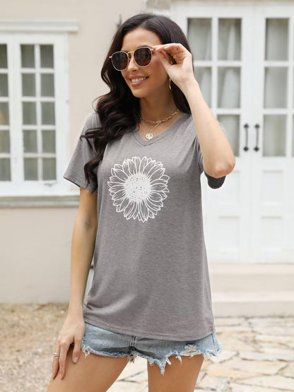 EADINVE Sunflower Print Short Sleeve Tee