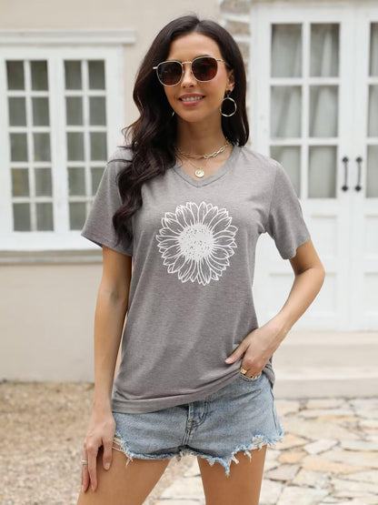 EADINVE Sunflower Print Short Sleeve Tee