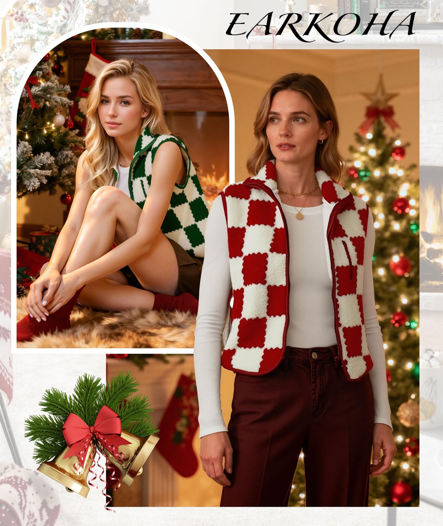 EARKOHA Womens Winter Sleeveless Fleece Top Casual Collar Checkered