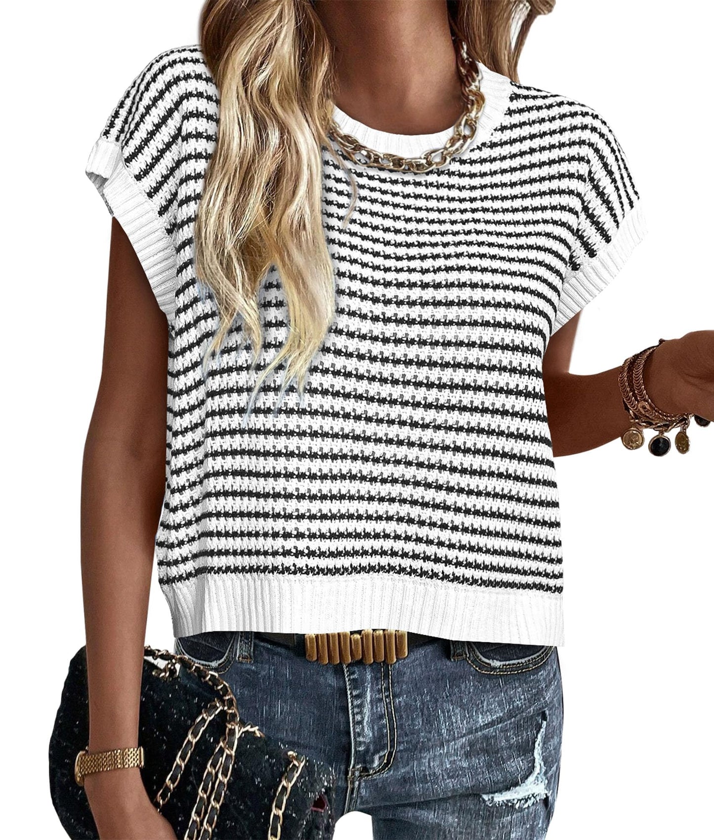 PRETTYGARDEN Cap-Sleeve Striped Pullover
