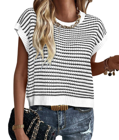 PRETTYGARDEN Cap-Sleeve Striped Pullover