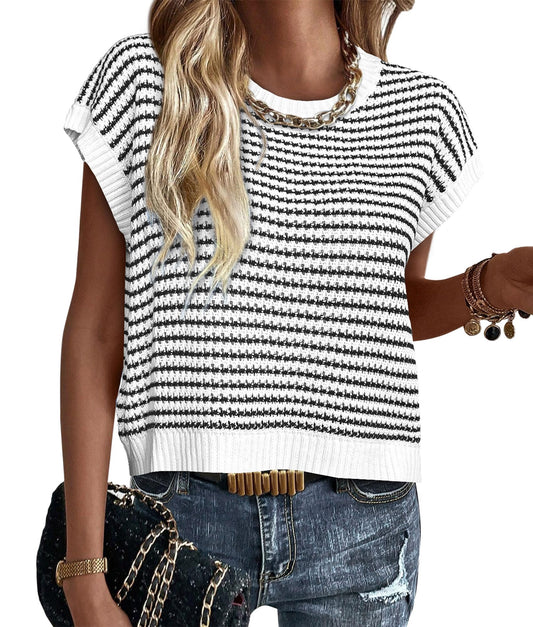 PRETTYGARDEN Cap-Sleeve Striped Pullover