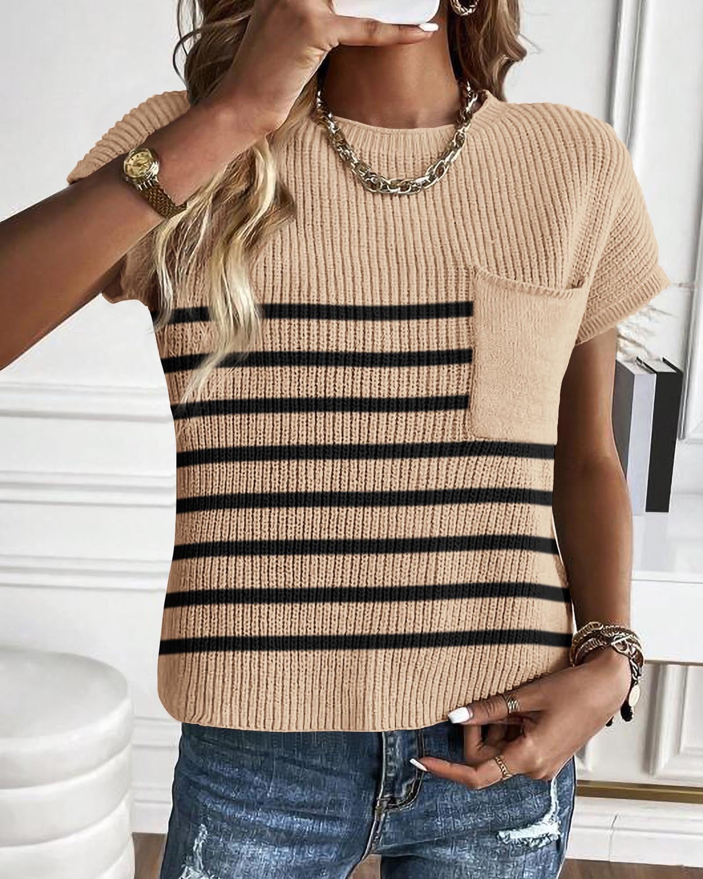 KIRUNDO Lightweight Cotton Knit Cap-Sleeve Sweater