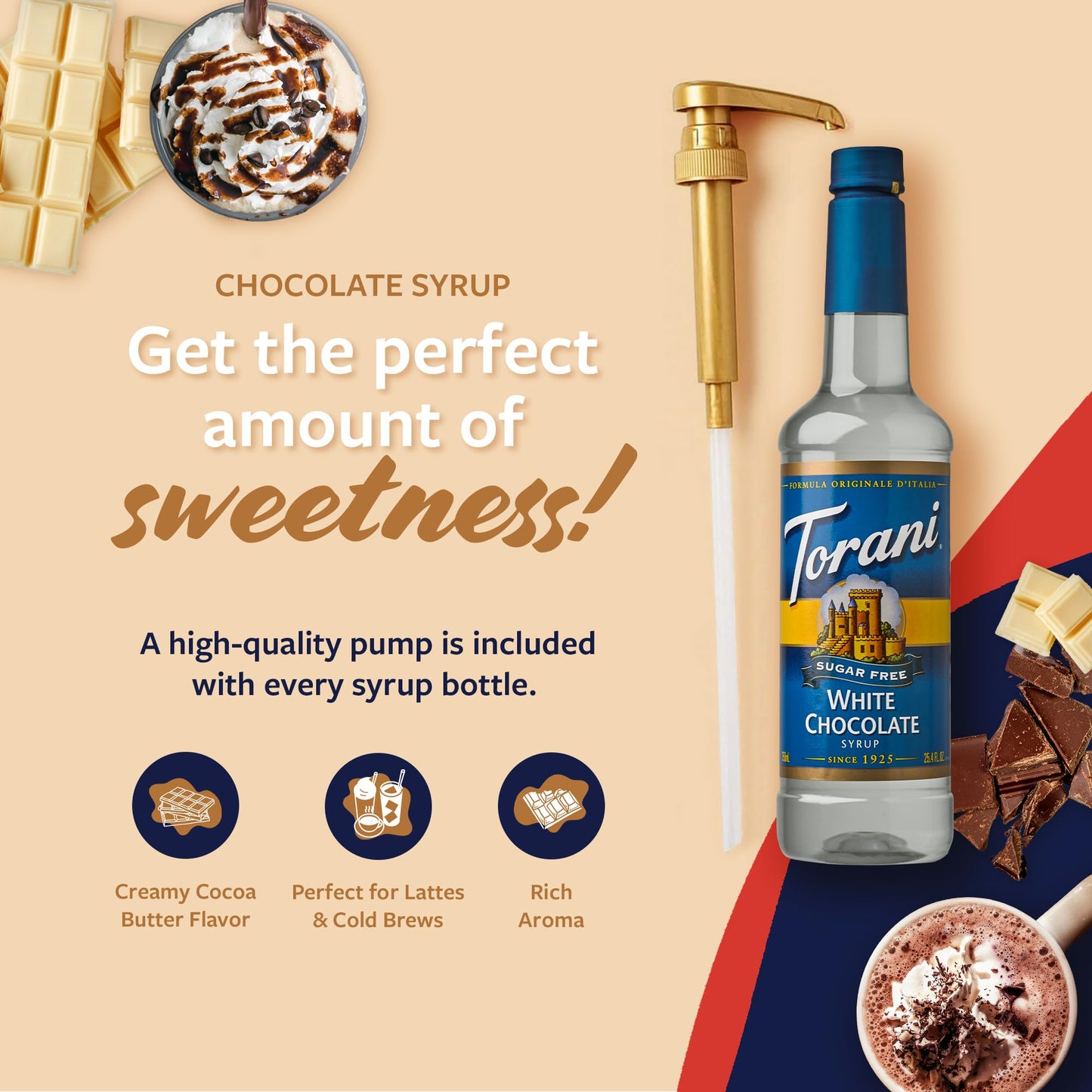 Torani Sugar-Free White Chocolate Syrup - Pump Included, 25.4 Fl Oz