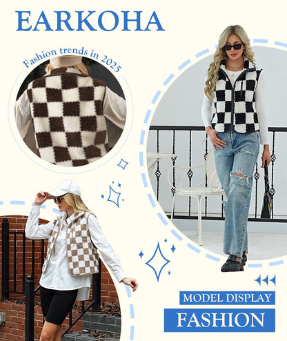 EARKOHA Womens Winter Sleeveless Fleece Top Casual Collar Checkered