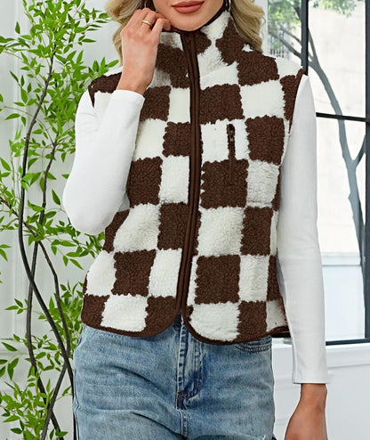 EARKOHA Womens Winter Sleeveless Fleece Top Casual Collar Checkered