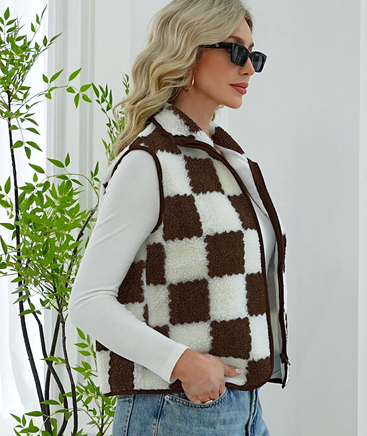 EARKOHA Womens Winter Sleeveless Fleece Top Casual Collar Checkered