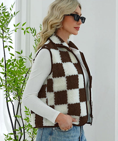 EARKOHA Womens Winter Sleeveless Fleece Top Casual Collar Checkered